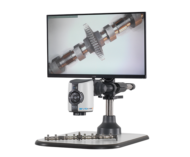 EVO-Cam-II-digital-microscope-call-out-image-666x550px-5ef6fee10e0df Monitor mounted on digital microscope showing metal precision components