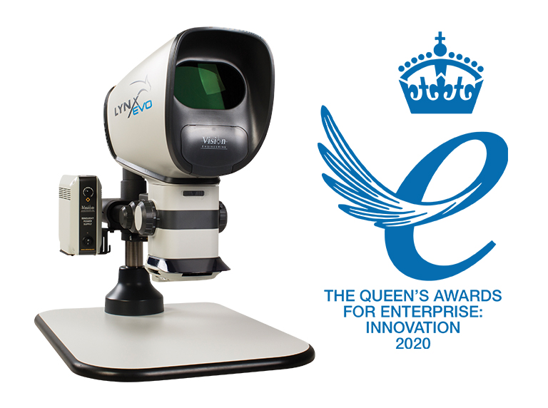 Lynx EVO stereo zoom microscope next to Queens Award for Enterprise: Innovation 2020 logo