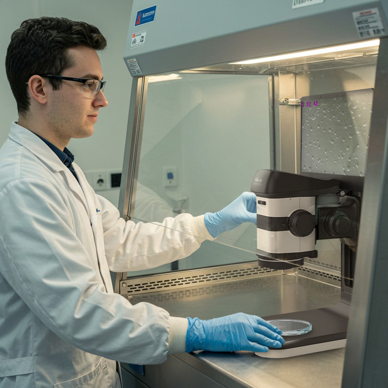 VE_VISO_Image3_2025.08-768×768 ProteQ VISO 3D digital stereo microscope operated by man in a laminar flow cabinet