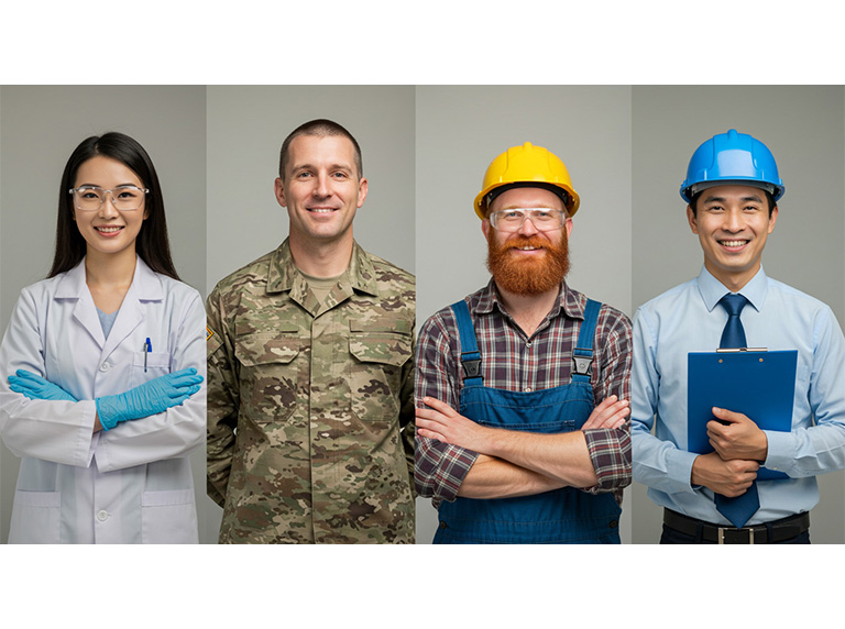 people-sectors-768×572 A photo of 4 people from different working sectors, medical, military, skilled labor and engineering