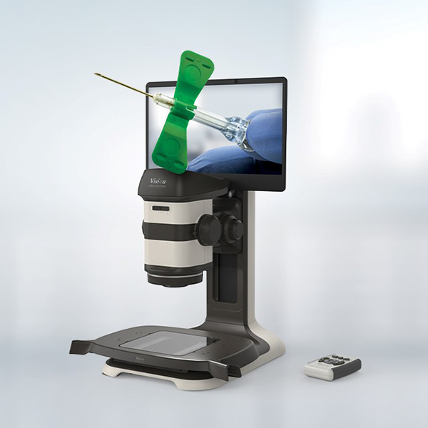 ProteQ VISO 3D digital stereo microscope inspecting a medical device